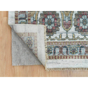 14'x14' Smoky White, Shiraz Reimagined, Thick And Plush, Unique Flower Rosettes Border Design, Hand Knotted, Vegetable Dyes, Pure Wool, Square Sustainable Oriental Rug FWR394914