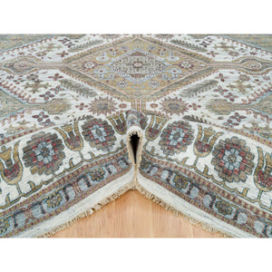 14'x14' Smoky White, Shiraz Reimagined, Thick And Plush, Unique Flower Rosettes Border Design, Hand Knotted, Vegetable Dyes, Pure Wool, Square Sustainable Oriental Rug FWR394914