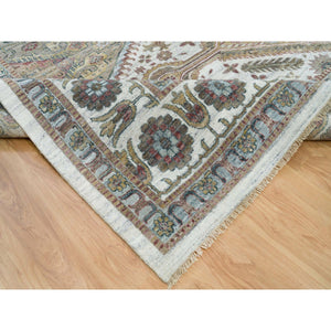 14'x14' Smoky White, Shiraz Reimagined, Thick And Plush, Unique Flower Rosettes Border Design, Hand Knotted, Vegetable Dyes, Pure Wool, Square Sustainable Oriental Rug FWR394914