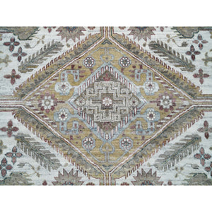 14'x14' Smoky White, Shiraz Reimagined, Thick And Plush, Unique Flower Rosettes Border Design, Hand Knotted, Vegetable Dyes, Pure Wool, Square Sustainable Oriental Rug FWR394914