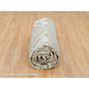 14'x14' Smoky White, Shiraz Reimagined, Thick And Plush, Unique Flower Rosettes Border Design, Hand Knotted, Vegetable Dyes, Pure Wool, Square Sustainable Oriental Rug FWR394914