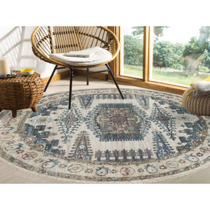 8'x8' Alabaster Ivory, Thick And Plush, Soft Wool, Reimagined Persian Viss Design, Hand Knotted, Round Oriental Rug FWR394956