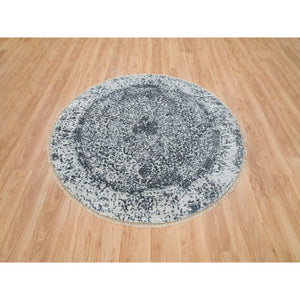 6'x6' Ice Ice Gray, Wool And Silk, Broken And Erased Persian Design, Hand Knotted, Round Oriental Rug FWR394974
