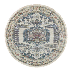 5'10"x5'10" Eggshell Ivory, Plush and Lush, Tone on Tone, Natural Dyes, Extra Soft Wool, Hand Knotted Reimagined Persian Viss Design, Round, Oriental Rug FWR395022