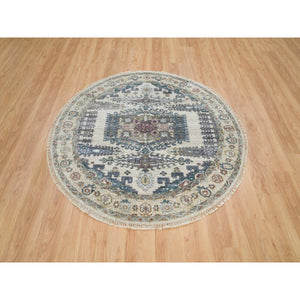 5'10"x5'10" Eggshell Ivory, Plush and Lush, Tone on Tone, Natural Dyes, Extra Soft Wool, Hand Knotted Reimagined Persian Viss Design, Round, Oriental Rug FWR395022