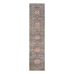 2'6"x11'9" Rosewood Red with Gainsboro, Heriz Revival, Extra Soft Wool, Soft and Vibrant Pile, Hand Knotted, Runner Oriental Rug FWR395094
