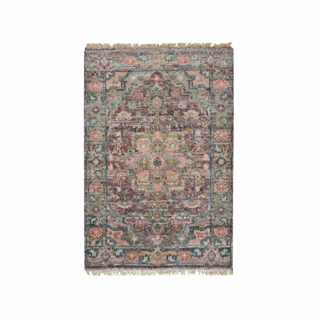 2'x3' Sangria Red, Tone on Tone, Extra Soft Wool, Heriz Revival, Plush and Lush Soft Pile, Hand Knotted, Mat Oriental Rug FWR395106