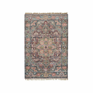 2'x3'1" Wine Red, Organic Wool, Heriz Revival, Hand Knotted, Soft to the Touch Pile, Mat Oriental Rug FWR395118