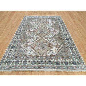 8'10"x11'10" Vista White, Shiraz Reimagined, Organic Wool, Hand Knotted, Natural Dyes, Unique Flower Rosettes Border Design, Thick And Plush, Sustainable Oriental Rug FWR395136
