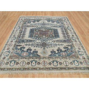 9'8"x10' Winter White Soft Tones, Thick And Plush Soft Pile,  Hand Knotted, 100% Wool, Reimagined Persian Viss Design, Square Oriental Rug  FWR395142