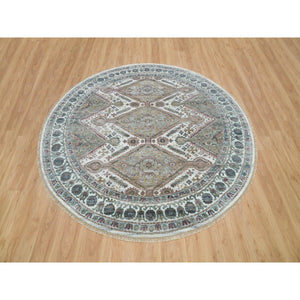 8'x8' Pearl White, Natural Dyes, Soft And Vibrant Pile, Hand Knotted, Pure Wool, Unique Flower Rosettes Border Design, Shiraz Reimagined, Round Sustainable Oriental Rug FWR395154