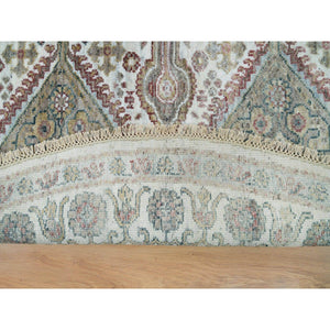 8'x8' Pearl White, Natural Dyes, Soft And Vibrant Pile, Hand Knotted, Pure Wool, Unique Flower Rosettes Border Design, Shiraz Reimagined, Round Sustainable Oriental Rug FWR395154