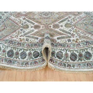 8'x8' Pearl White, Natural Dyes, Soft And Vibrant Pile, Hand Knotted, Pure Wool, Unique Flower Rosettes Border Design, Shiraz Reimagined, Round Sustainable Oriental Rug FWR395154