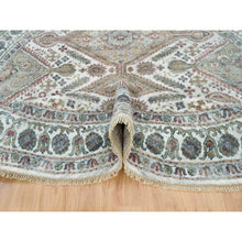 Load image into Gallery viewer, 8&#39;x8&#39; Pearl White, Natural Dyes, Soft And Vibrant Pile, Hand Knotted, Pure Wool, Unique Flower Rosettes Border Design, Shiraz Reimagined, Round Sustainable Oriental Rug FWR395154