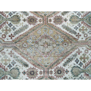 8'x8' Pearl White, Natural Dyes, Soft And Vibrant Pile, Hand Knotted, Pure Wool, Unique Flower Rosettes Border Design, Shiraz Reimagined, Round Sustainable Oriental Rug FWR395154