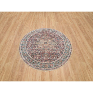 6'x6' Sangria Red, Natural Dyes, Hand Knotted, Pure Wool, Heriz Revival, Plush and Lush Pile, Round Oriental Rug FWR395160