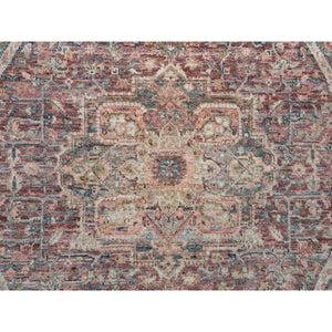 6'x6' Sangria Red, Natural Dyes, Hand Knotted, Pure Wool, Heriz Revival, Plush and Lush Pile, Round Oriental Rug FWR395160