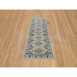 2'7"x8' Lexicon White, Extra Soft Wool, Plush And Lush, Natural Dyes, Unique Flower Rosettes Border Design, Shiraz Reimagined, Hand Knotted, Runner Sustainable Oriental Rug FWR395196
