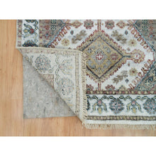 Load image into Gallery viewer, 2&#39;7&quot;x8&#39; Lexicon White, Extra Soft Wool, Plush And Lush, Natural Dyes, Unique Flower Rosettes Border Design, Shiraz Reimagined, Hand Knotted, Runner Sustainable Oriental Rug FWR395196