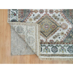 2'7"x8' Lexicon White, Extra Soft Wool, Plush And Lush, Natural Dyes, Unique Flower Rosettes Border Design, Shiraz Reimagined, Hand Knotted, Runner Sustainable Oriental Rug FWR395196