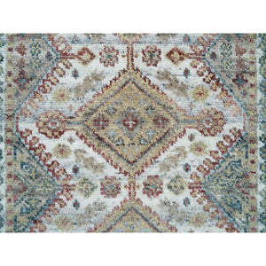 2'7"x8' Lexicon White, Extra Soft Wool, Plush And Lush, Natural Dyes, Unique Flower Rosettes Border Design, Shiraz Reimagined, Hand Knotted, Runner Sustainable Oriental Rug FWR395196