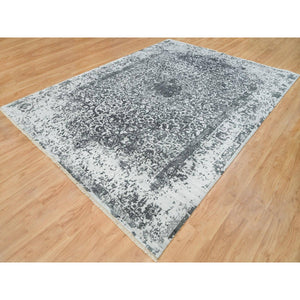 9'x12'2" Ice Gray And Black Coral, Hand Knotted, Wool And Silk, Broken And Erased Persian Design, Oriental Rug FWR395256