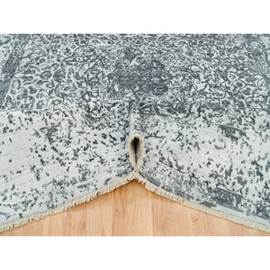 9'x12'2" Ice Gray And Black Coral, Hand Knotted, Wool And Silk, Broken And Erased Persian Design, Oriental Rug FWR395256