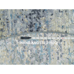 7'x7' Blue Gray, Hand Knotted, Wool And Silk, Modern Abstract With Mosaic Design, Natural Dyes, Round Oriental Rug FWR395274