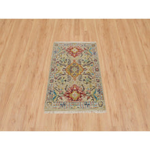 Load image into Gallery viewer, 2&#39;x3&#39; Khaki, Hand Knotted, The Sunset Rosettes With Soft Colors, Wool And Pure Silk, Mat Oriental Rug FWR395310