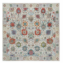 Load image into Gallery viewer, 10&#39;2&quot;x10&#39;2&quot; Ivory, Tabriz Vase with Flower Design, Silk with Textured Wool, Hand Knotted, Square Oriental Rug FWR395394