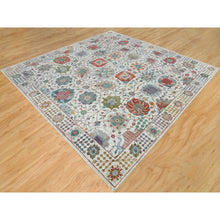 Load image into Gallery viewer, 10&#39;2&quot;x10&#39;2&quot; Ivory, Tabriz Vase with Flower Design, Silk with Textured Wool, Hand Knotted, Square Oriental Rug FWR395394