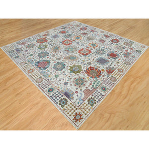 10'2"x10'2" Ivory, Tabriz Vase with Flower Design, Silk with Textured Wool, Hand Knotted, Square Oriental Rug FWR395394