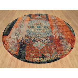 12'1"x12'1" Metallic Orange, Ancient Ottoman Erased Design, Ghazni Wool, Hand Knotted, Round Oriental Rug FWR395400