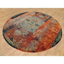 Load image into Gallery viewer, 12&#39;1&quot;x12&#39;1&quot; Metallic Orange, Ancient Ottoman Erased Design, Ghazni Wool, Hand Knotted, Round Oriental Rug FWR395400