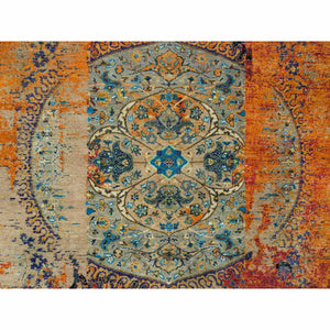 8'1"x8'1" Metallic Orange, Hand Knotted, Ancient Ottoman Erased Design, Ghazni Wool, Square Oriental Rug FWR395418