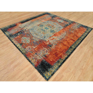 10'2"x10'2" Metallic Orange, Ghazni Wool, Hand Knotted, Ancient Ottoman Erased Design, Square Oriental Rug FWR395424