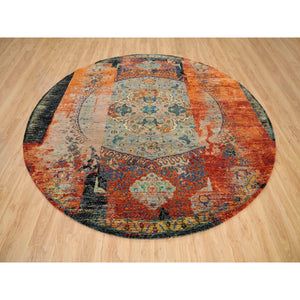 10'x10' Metallic Orange, Ancient Ottoman Erased Design, Ghazni Wool, Hand Knotted, Round Oriental Rug FWR395544