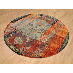 10'x10' Metallic Orange, Ancient Ottoman Erased Design, Ghazni Wool, Hand Knotted, Round Oriental Rug FWR395544