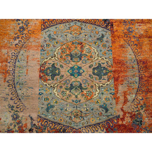 10'x10' Metallic Orange, Ancient Ottoman Erased Design, Ghazni Wool, Hand Knotted, Round Oriental Rug FWR395544