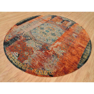 14'x14' Metallic Orange, Hand Knotted, Ancient Ottoman Erased Design, Ghazni Wool, Round Oriental Rug FWR395550