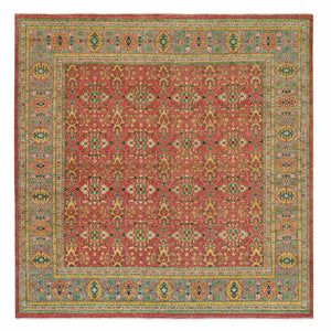 14'x14' Fire Brick Red, Hand Knotted, Antiqued Oushak Reimagined Repetitive Star and Rosette Design, Sheared Low, Soft Wool, Square Oriental Rug FWR395568