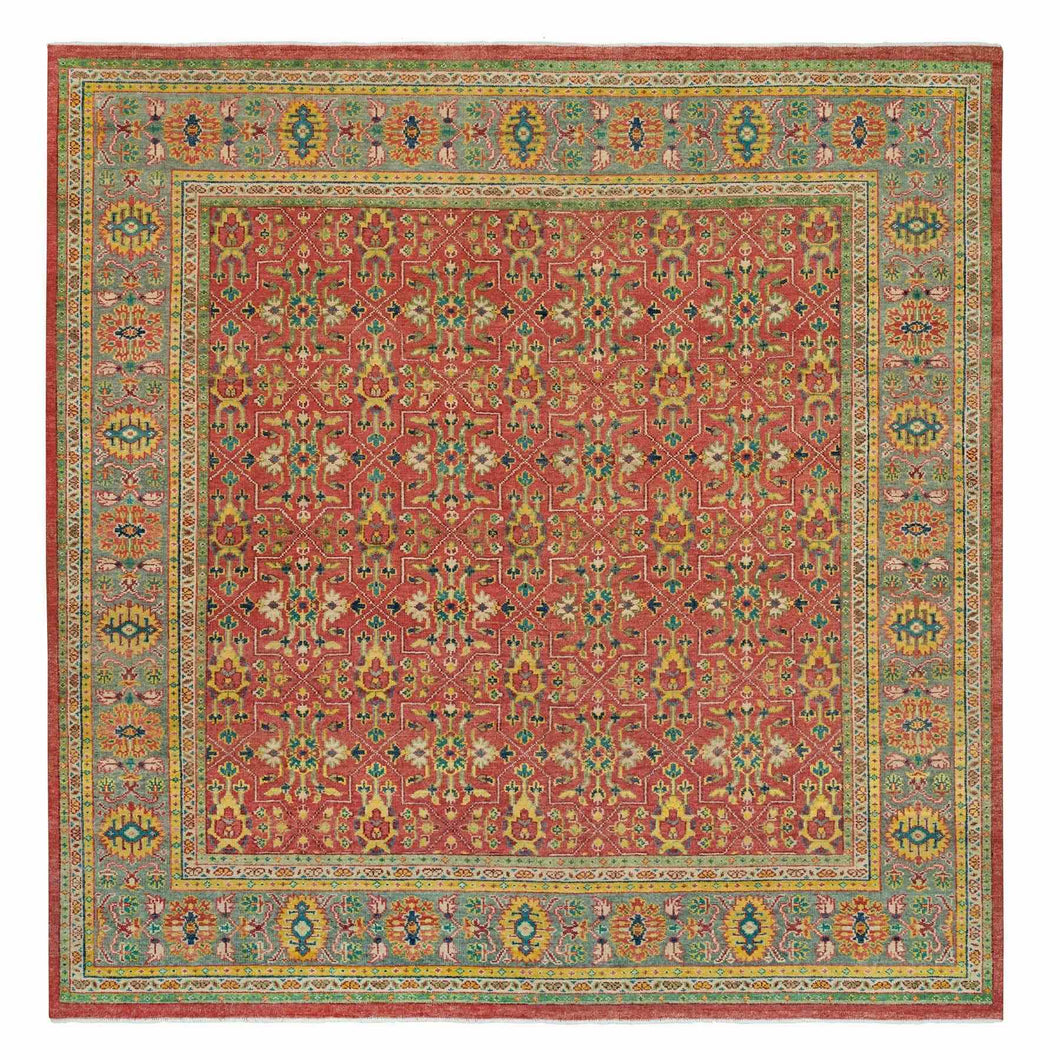 14'x14' Fire Brick Red, Hand Knotted, Antiqued Oushak Reimagined Repetitive Star and Rosette Design, Sheared Low, Soft Wool, Square Oriental Rug FWR395568