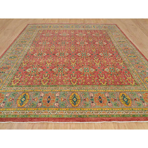 14'x14' Fire Brick Red, Hand Knotted, Antiqued Oushak Reimagined Repetitive Star and Rosette Design, Sheared Low, Soft Wool, Square Oriental Rug FWR395568