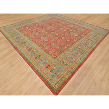 Load image into Gallery viewer, 14&#39;x14&#39; Fire Brick Red, Hand Knotted, Antiqued Oushak Reimagined Repetitive Star And Rosette Design, Sheared Low, Soft Wool, Square Oriental Rug FWR395568