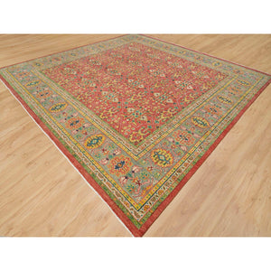 14'x14' Fire Brick Red, Hand Knotted, Antiqued Oushak Reimagined Repetitive Star and Rosette Design, Sheared Low, Soft Wool, Square Oriental Rug FWR395568