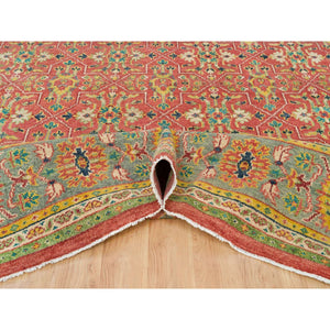 14'x14' Fire Brick Red, Hand Knotted, Antiqued Oushak Reimagined Repetitive Star and Rosette Design, Sheared Low, Soft Wool, Square Oriental Rug FWR395568