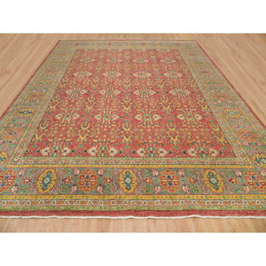 14'x16'5" Fire Brick Red, Sheared Low, 100% Wool, Hand Knotted, Antiqued Oushak Reimagined Repetitive Star And Rosette Design, Oversized Oriental Rug FWR395580