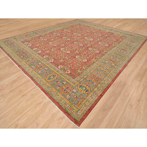14'x16'5" Fire Brick Red, Sheared Low, 100% Wool, Hand Knotted, Antiqued Oushak Reimagined Repetitive Star And Rosette Design, Oversized Oriental Rug FWR395580