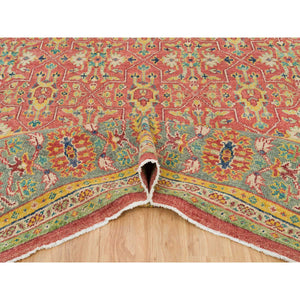 14'x16'5" Fire Brick Red, Sheared Low, 100% Wool, Hand Knotted, Antiqued Oushak Reimagined Repetitive Star And Rosette Design, Oversized Oriental Rug FWR395580