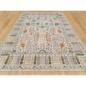 12'1"x15'4" Taupe, Directional Vase All Over Design, Silk with Textured Wool, Hand Knotted, Oversized Oriental Rug FWR395616